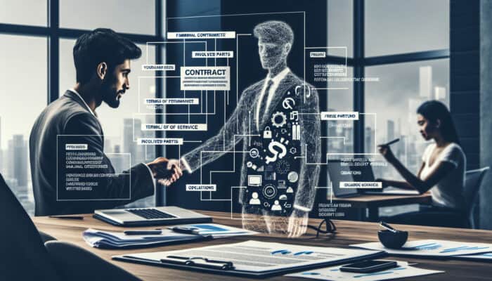Contract Templates for Beginner Human VAs: A professional desk with a contract template for parties, terms, obligations, and deadlines; a designer sketches while shaking hands with a client in a modern office.