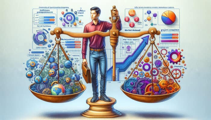 Hourly Rate Structures for Human Virtual Assistants: Virtual assistant balancing skill badges, experience timelines, market charts, cost icons, and gears on a scale in vibrant digital style.