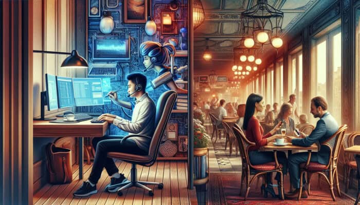 Illustration of diverse virtual assistants: one in a home office with high hourly rate graph, another in a café with lower rates, showing global wage differences.