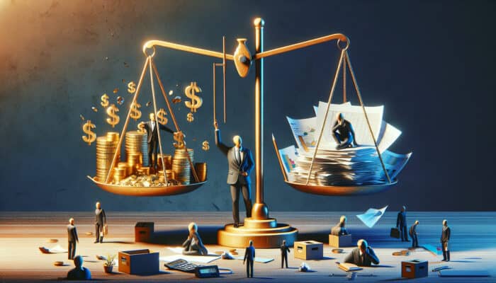 A virtual assistant on a balancing scale in a modern office, one side with coins and elegant clients, the other with paperwork and stressed figures.