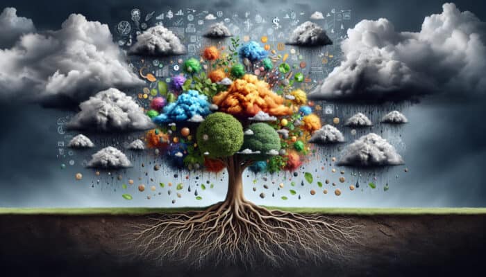 Revenue Stream Diversification for Human VAs: A robust tree with diverse branches for revenue streams, shielding from market risk storms, and roots in fertile soil symbolizing growth and resilience.