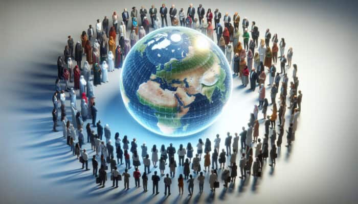 Compliance With International Laws For Human VAs: Diverse individuals from various cultures gather around a luminous globe etched with UN Guiding Principles, symbolizing human rights, accountability, and transparency.