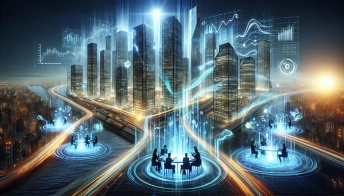 Data-Driven Scaling with Human Virtual Assistant Insights: A futuristic cityscape with glowing data charts flowing into skyscrapers, analysts at holographic tables making strategic decisions amid market waves.