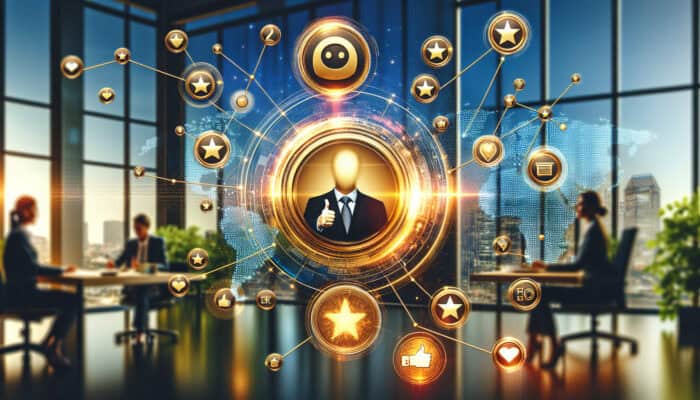 A virtual assistant's profile page with glowing testimonials, gold badges, thumbs-up icons, and global success symbols in a modern office.