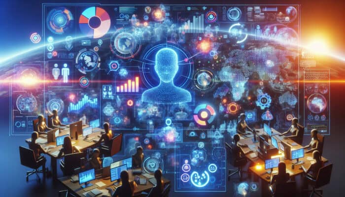 Global Talent Pool Trends for Human Virtual Assistants: Virtual assistants adapting to AI automation, global collaboration, and economic shifts in a vibrant digital workspace with holograms and maps.