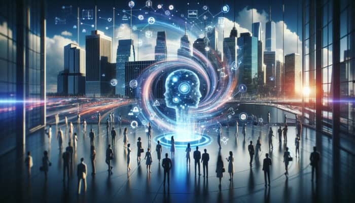 Futuristic cityscape with holographic virtual assistants evolving amid data streams and diverse users interacting with AI trends.
