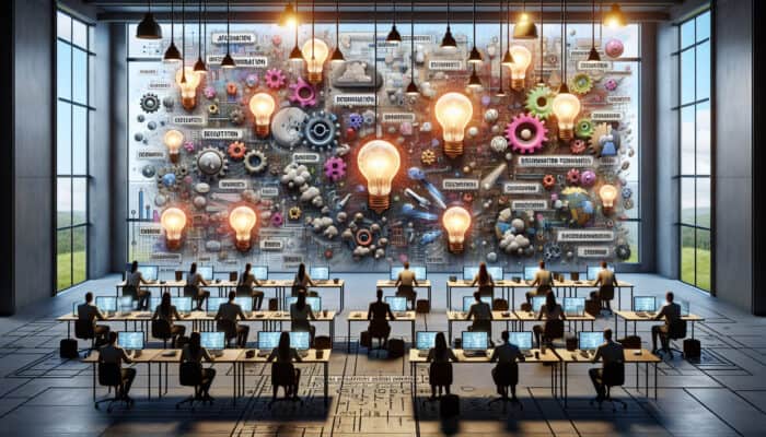 Diverse virtual assistants in a high-tech digital workspace struggle with fragmented training screens and broken tools, as glowing idea bulbs symbolize innovative strategies.