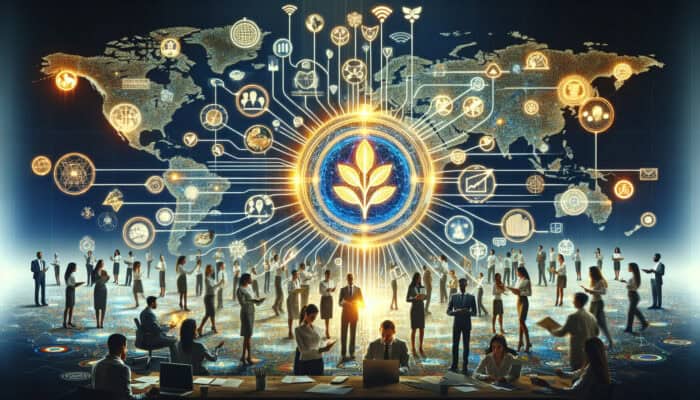 Brand Expansion Supported by Human VAs: A central glowing logo branching into diverse crowds, with professionals collaborating around holographic data charts for global brand growth.