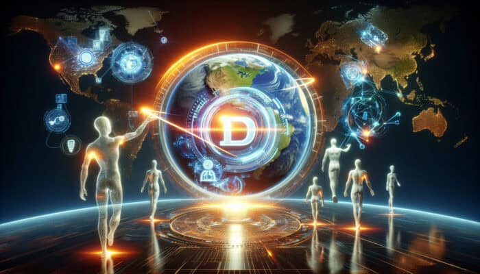 A glowing brand logo expands across a global map, guided by human-like virtual assistants with holographic charts in a futuristic digital environment.