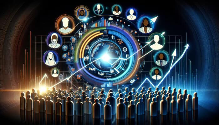 Diverse team in modern boardroom sketching brand expansion plans with KPIs on screens, experts optimizing resources, showing expanding logos and upward graphs.