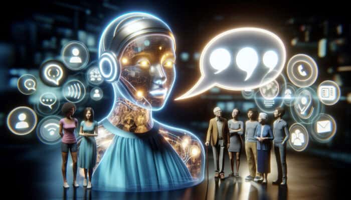 Assessing Human Virtual Assistant Communication Skills: Futuristic hologram assistant with speech bubbles, listening to diverse users with attentive, empathetic glowing features in a high-tech setting.