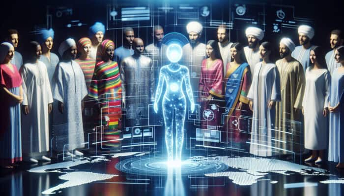 A glowing blue holographic virtual assistant engages diverse people in traditional attire, exchanging ideas via multilingual speech bubbles, symbolizing cultural awareness and inclusivity.