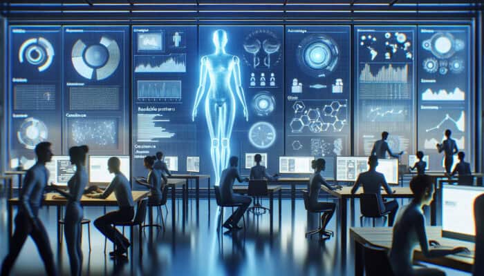A holographic AI assistant in a high-tech lab engages with diverse users, surrounded by screens displaying interaction and accuracy graphs.
