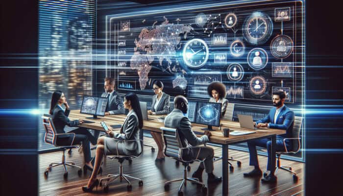 Output Boosting Techniques With Human VAs: Team collaborates in modern office with project manager on screens; symbols of glowing networks and speeding clocks show enhanced efficiency and innovation.