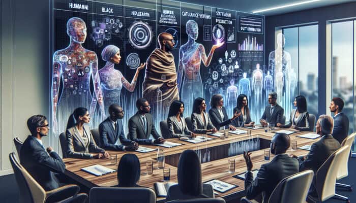 A diverse panel of experts in a modern conference room discussing productivity techniques with holographic charts and digital tools.