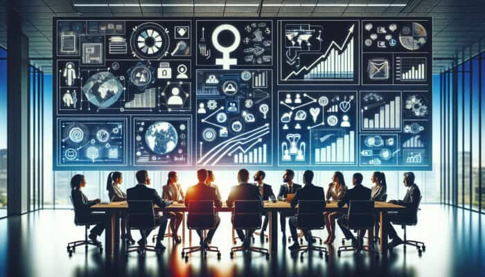 Professionals in an office collaboratively review rising graphs and metrics on digital screens, symbolizing long-term productivity gains and employee satisfaction.