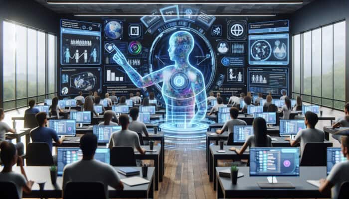 Education Sector Human Virtual Assistants for Online Courses: A glowing holographic virtual assistant guides diverse students in a futuristic classroom, managing interactive lessons on floating screens with supportive gestures.