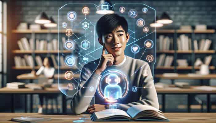 Student engages with holographic virtual assistant in modern classroom, surrounded by books and devices, smiling thoughtfully.
