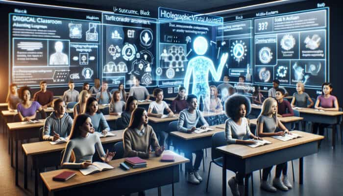 Diverse students interact with a holographic virtual assistant on glowing screens, asking questions and receiving tailored responses for enhanced engagement.