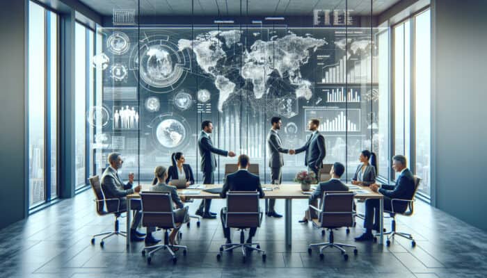 Fixed-Price Contracts for Human VA Projects: Diverse businesspeople shaking hands over a fixed-price contract document in a modern office, with global maps, timelines on screen, and symbols of transparency.