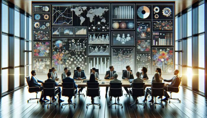 Professionals in a modern boardroom analyze contract metrics for human VA projects on digital screens displaying timelines, quality graphs, and surveys.