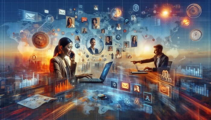 Avoiding Common Mistakes in Human VA Delegation: Entrepreneur in a modern UK office video calls virtual assistant in vibrant Philippine workspace, surrounded by icons of emails, schedules, and global maps.