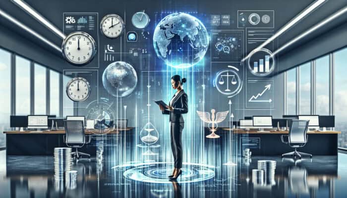 Busy executive delegates tasks to holographic virtual assistant in modern office, surrounded by clocks, maps, graphs, and balance scale symbolizing efficiency and growth.