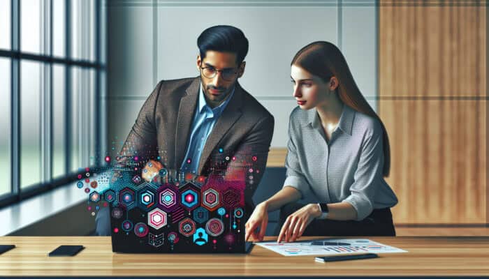 Manager and virtual assistant collaborate in a modern office, reviewing laptop dashboard with task timelines, progress charts, and feedback icons.