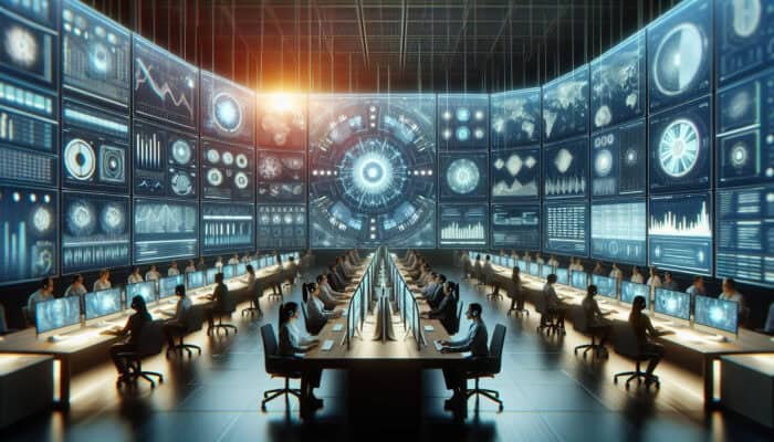 Crisis Response in Human Virtual Assistant Companies: High-tech control room with massive digital dashboard showing real-time crisis data; diverse team members communicating via headsets and screens.