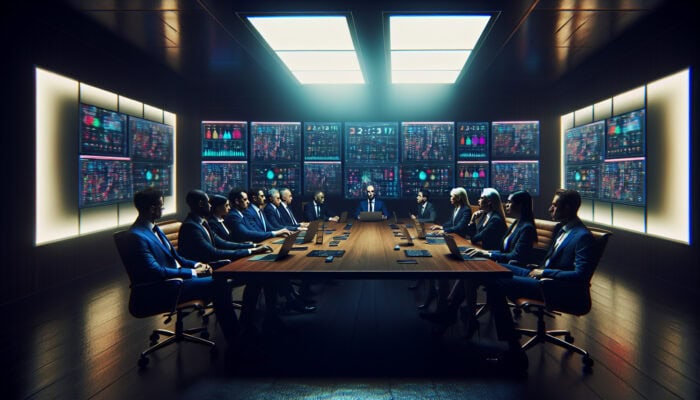 Diverse executives in suits discuss crisis response in a dimly lit boardroom with laptops and market crash charts.