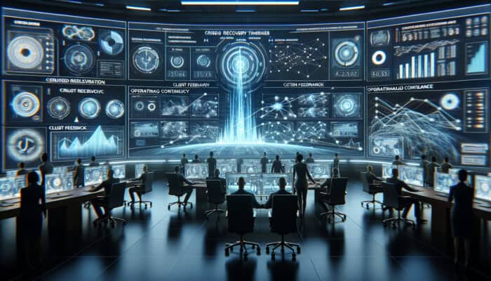 Analysts in a high-tech command center monitor digital dashboards displaying crisis recovery timelines, client feedback graphs, and operational continuity metrics.