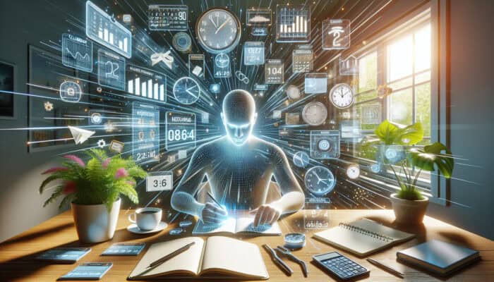 Daily Routine Streamlining with Human VAs: Focused professional in a sunlit home office, using digital calendar and timer, surrounded by notebooks, coffee, and plants for productivity.