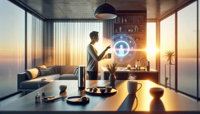 A person in a modern home uses a holographic virtual assistant to prepare coffee and check a planner under a serene sunrise glow.