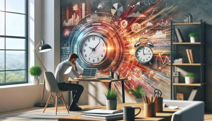 Focused individual in a modern home office, using a ticking Pomodoro timer on a desk with planners, laptop, and rising vibrant charts.