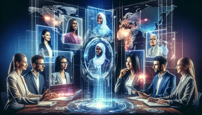 Networking Across Continents With Human VAs: Professionals from various continents virtually connect through holographic displays, with illuminated world maps and cultural icons in the background.