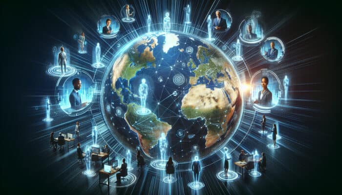 A rotating Earth map shows professionals from Africa, Asia, Europe, and the Americas connected by glowing lines and holographic assistants.
