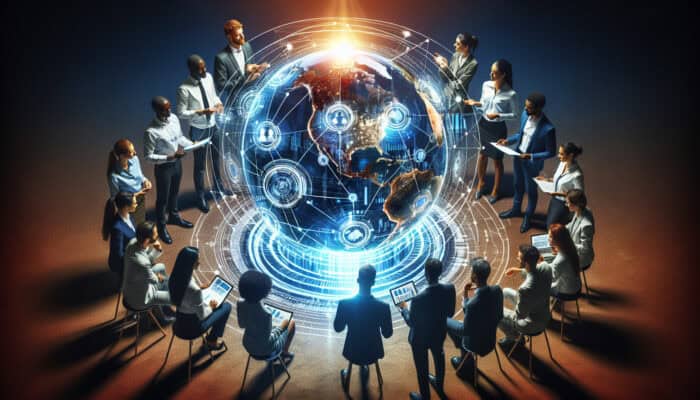 Diverse professionals from Africa, Asia, Europe, and the Americas connect via holograms around a glowing globe, symbolizing global collaboration and innovative growth.