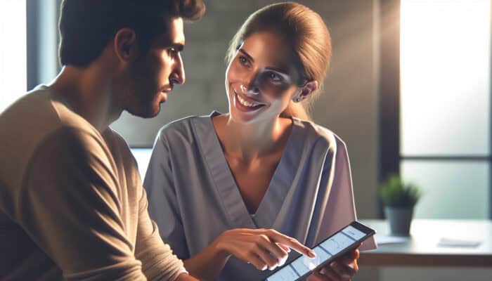 Customer Service Excellence for Human VAs: A customer service representative in a modern healthcare setting listens empathetically to a patient while responding on a tablet in warm lighting.