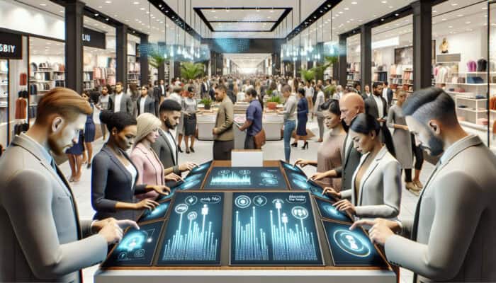 In a bustling John Lewis store, diverse customers complete digital surveys on tablets while staff analyze feedback on screens for improvement.