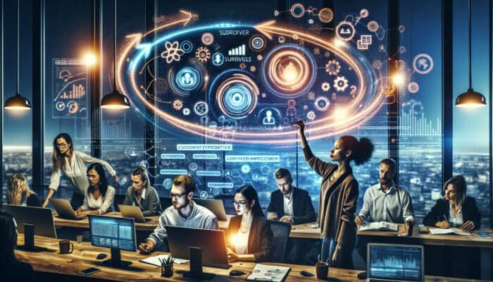 Diverse team in a tech office analyzes customer feedback on glowing screens, with data charts forming a looping improvement cycle and icons of surveys and prototypes.