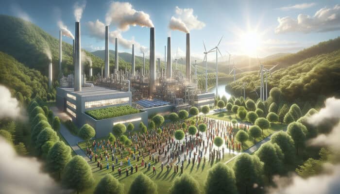 Promoting Sustainability in Business with Human VAs: A modern factory in a lush forest with solar panels, wind turbines, and diverse workers planting trees and sharing resources.