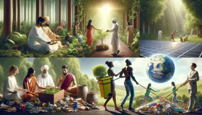 Diverse people planting trees in a lush green forest, recycling materials, and harnessing solar energy for sustainability.