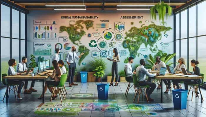 Diverse employees collaborate in a vibrant office on a projected sustainability roadmap, surrounded by plants, recycling bins, and assessment charts.