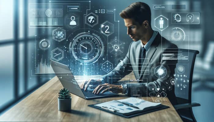 Time Tracking Tools For Productive Human Virtual Assistants: A focused virtual assistant at a modern desk uses a time tracking app on a laptop, showing real-time clocks, productivity graphs, and notifications in a vibrant workspace.