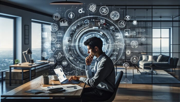 Virtual assistant in home office compares time tracking apps on laptop, surrounded by icons of user interfaces, integrations, and costs.