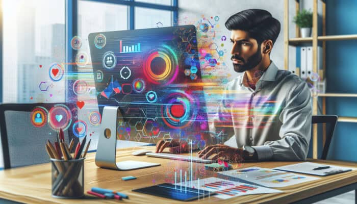 A focused virtual assistant at a modern desk analyzes a vibrant dashboard displaying time tracking charts for multiple clients.