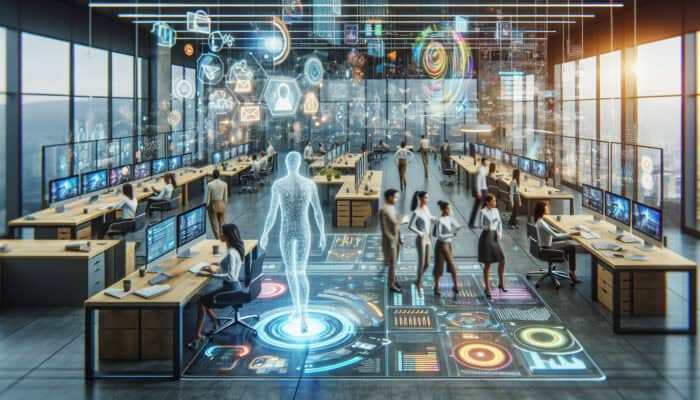 Supporting Expansion With Human Virtual Assistant Strategies: A diverse team in a dynamic office, led by a human virtual assistant, integrates AI holograms and data streams for productivity.