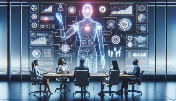 A diverse team in a modern office collaborates with a glowing holographic virtual assistant, reviewing digital flowcharts for workflow integration.