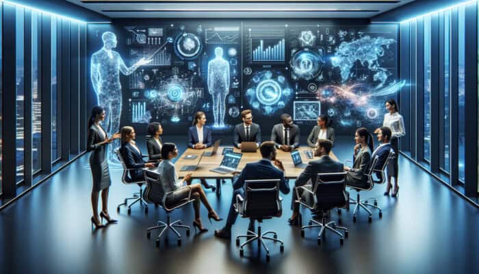 Diverse experts in modern attire discuss business strategies with holographic virtual assistants in a conference room, featuring screens with growth charts under soft blue lighting.