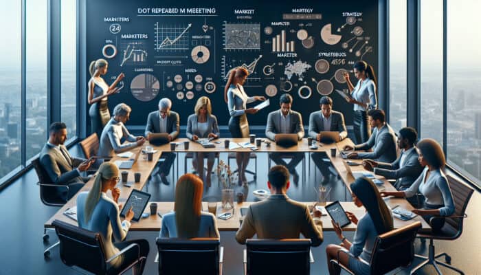 Strategic Planning Calls With Human Virtual Assistants: Diverse professionals in a conference room review agendas and market research on tablets, as a leader presents strategy charts.